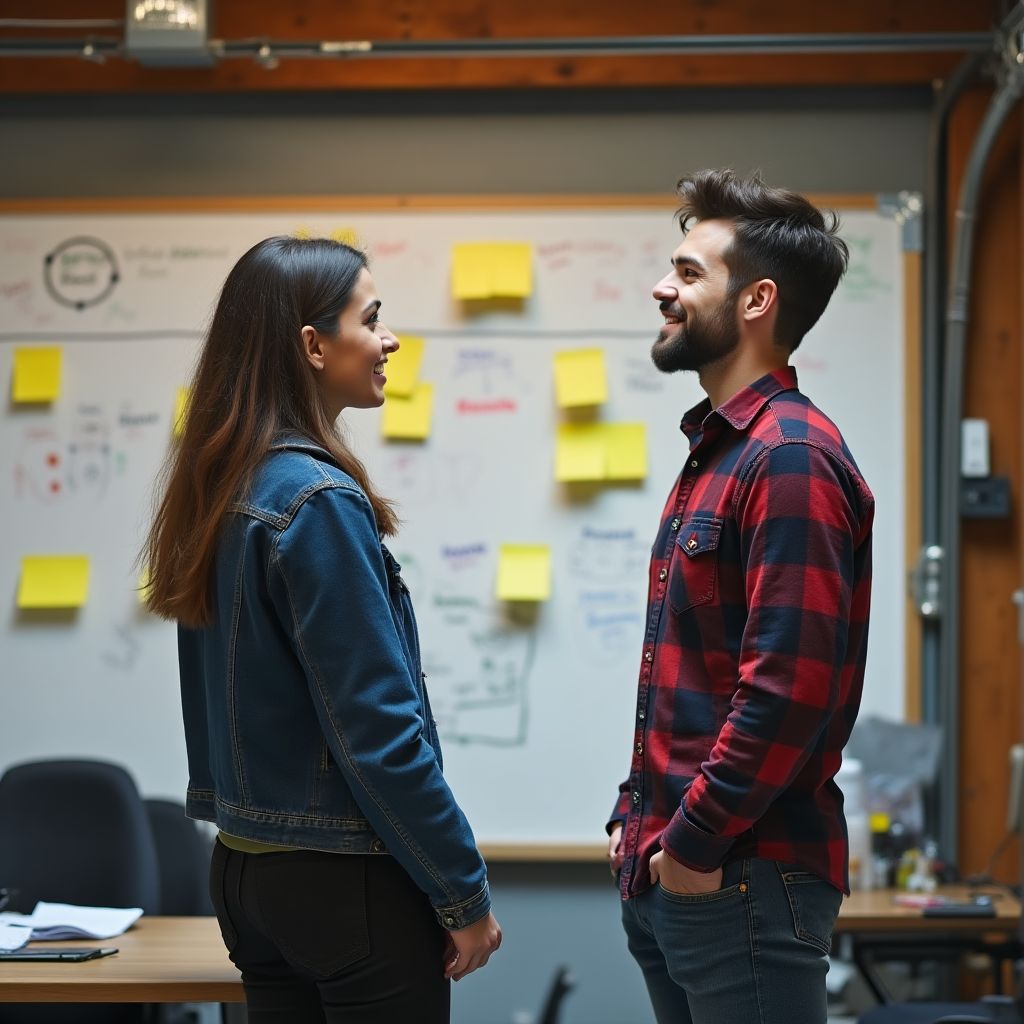 Dos fundadores discutiendo ideas frente a una pizarra blanca
